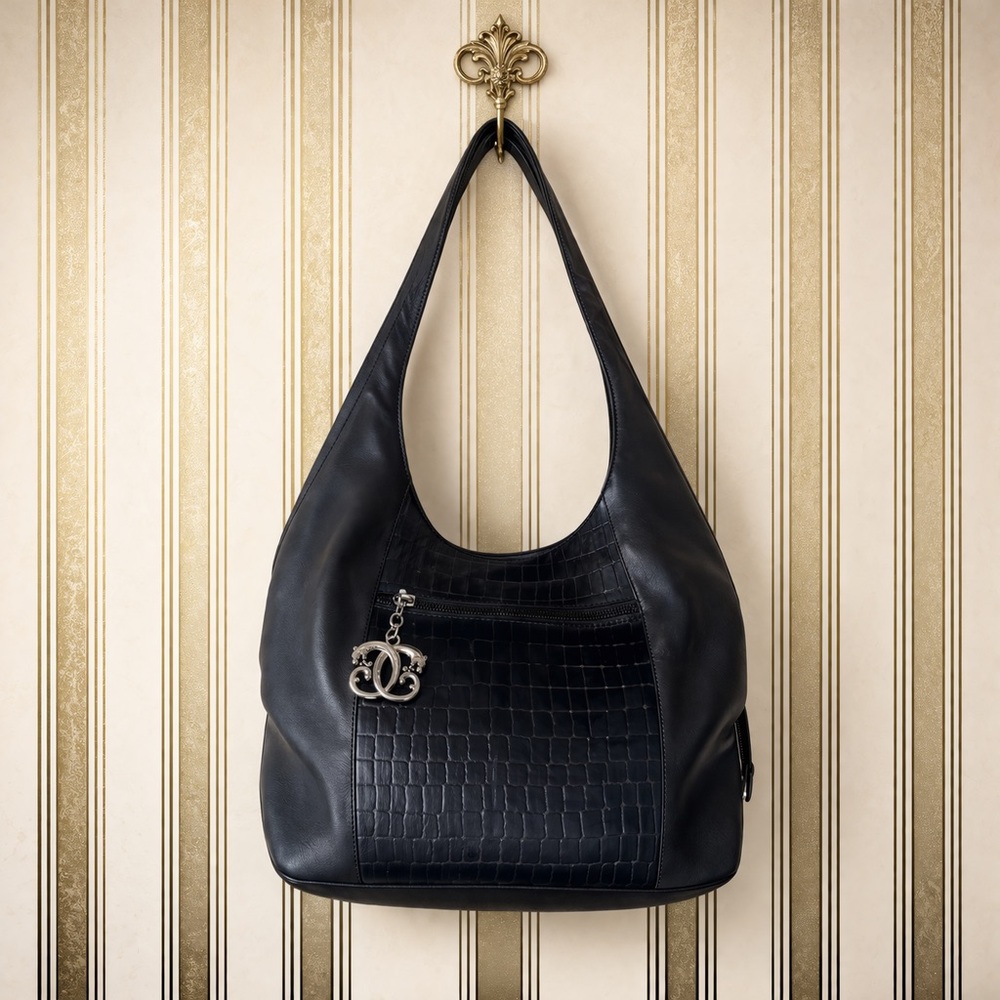 Sharif black leather calf hair jaguar animal print shoulder bag